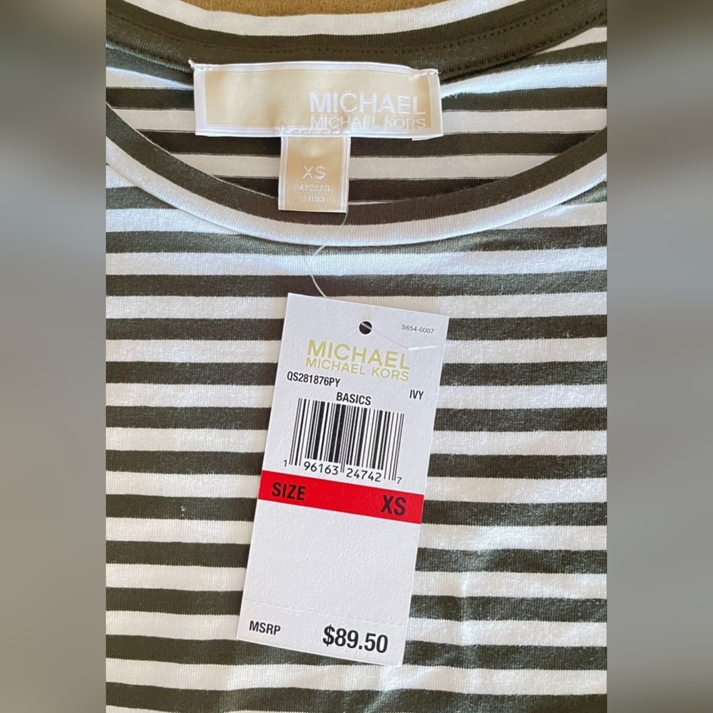 Michael Kors Olive & White Striped Dress XS Gold Shoulder Zippers 🚢 - Picture 9 of 9